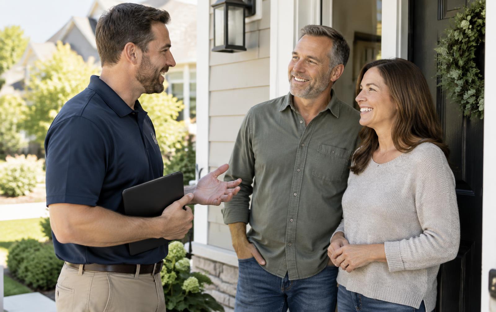 A Gomez Marketing representative having a friendly conversation with happy homeowners at their front door